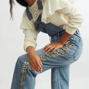 Anthropologie Pilcro Blue Lex Denim Overalls with Leopard Accent - Sz. 32